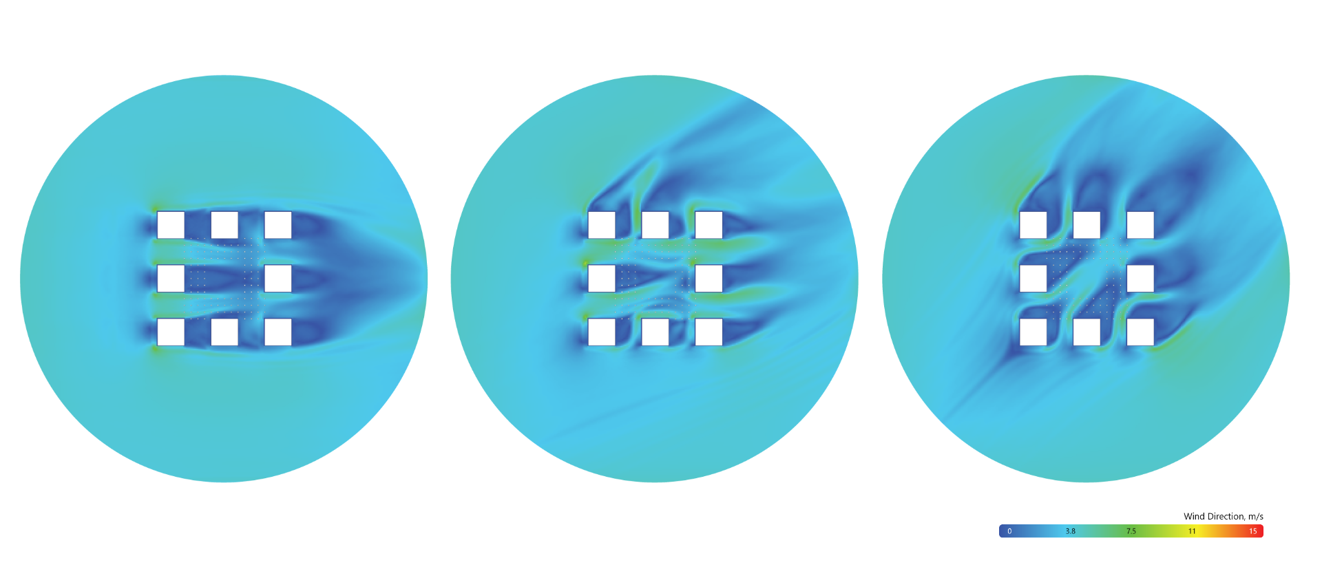 Simulated pedestrian wind speed field for Case C variant 0H at 1 m cells, three wind directions