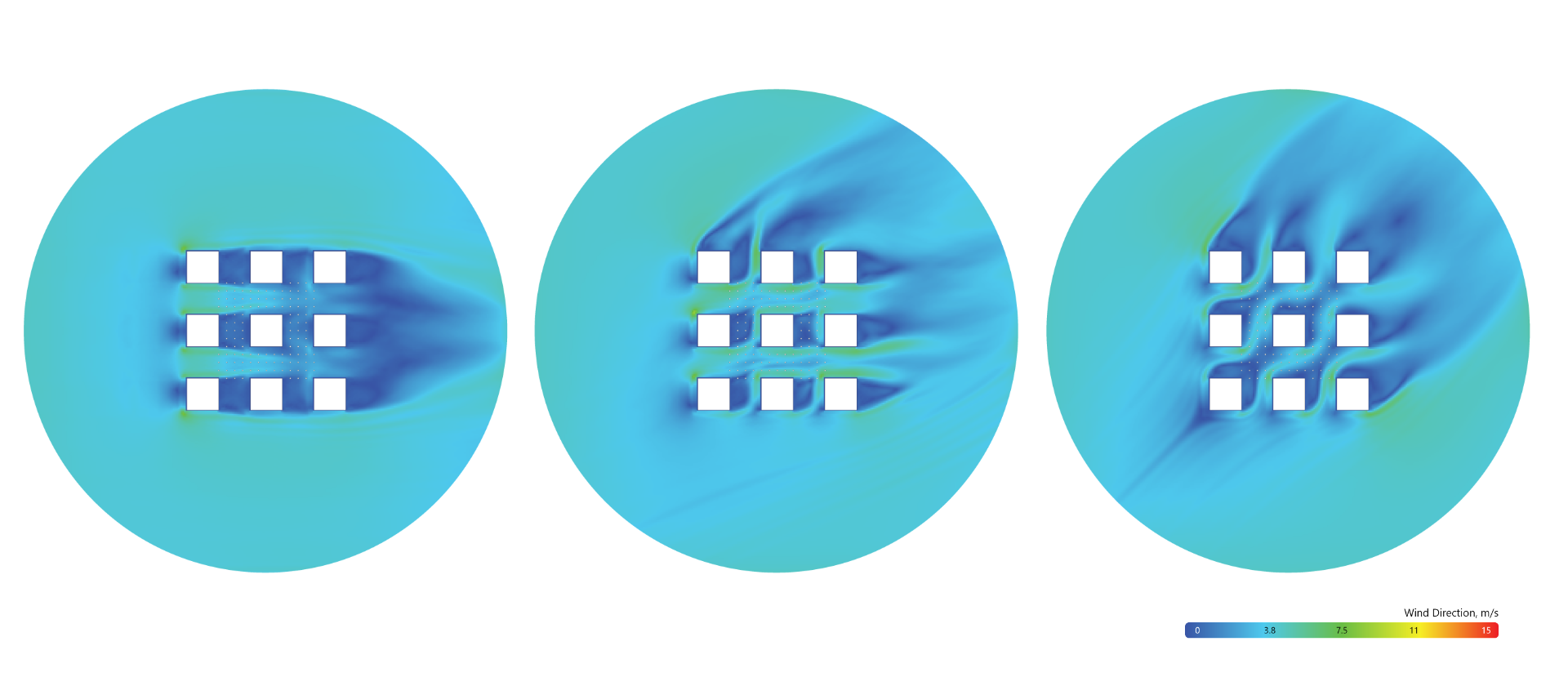 Simulated pedestrian wind speed field for Case C variant 1H at 1 m cells, three wind directions