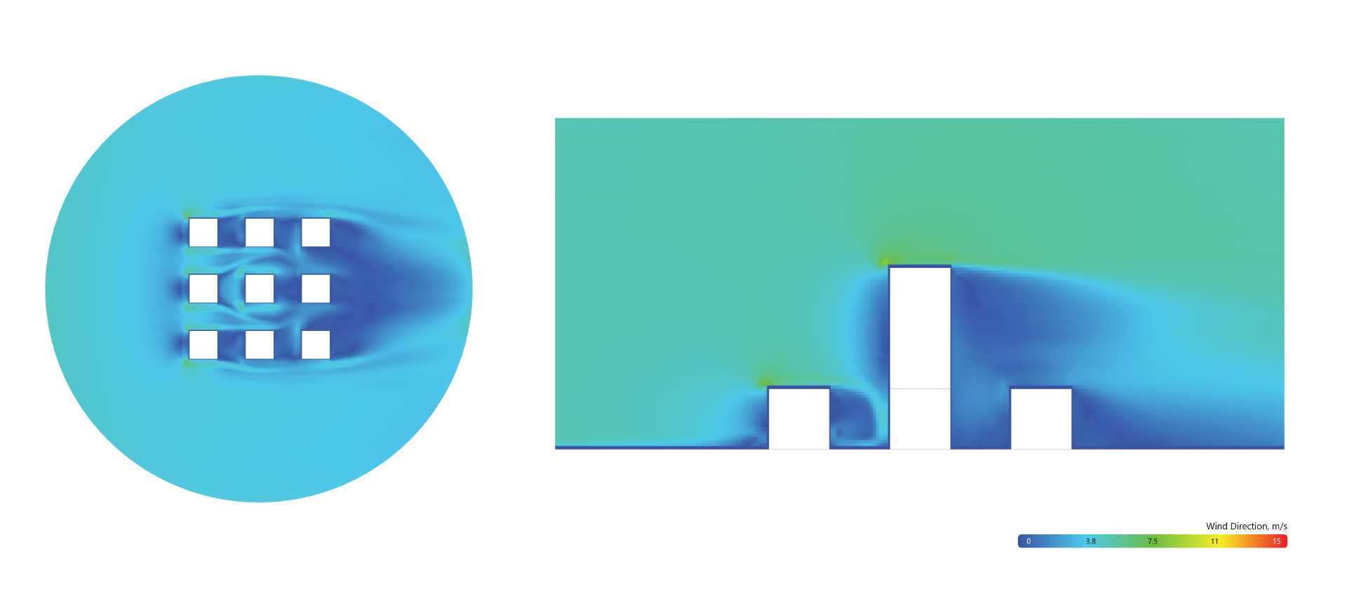 Simulated wind speed field for split-fiber Case 3H at 1 m cells: pedestrian plane (left) and vertical centre plane (right)