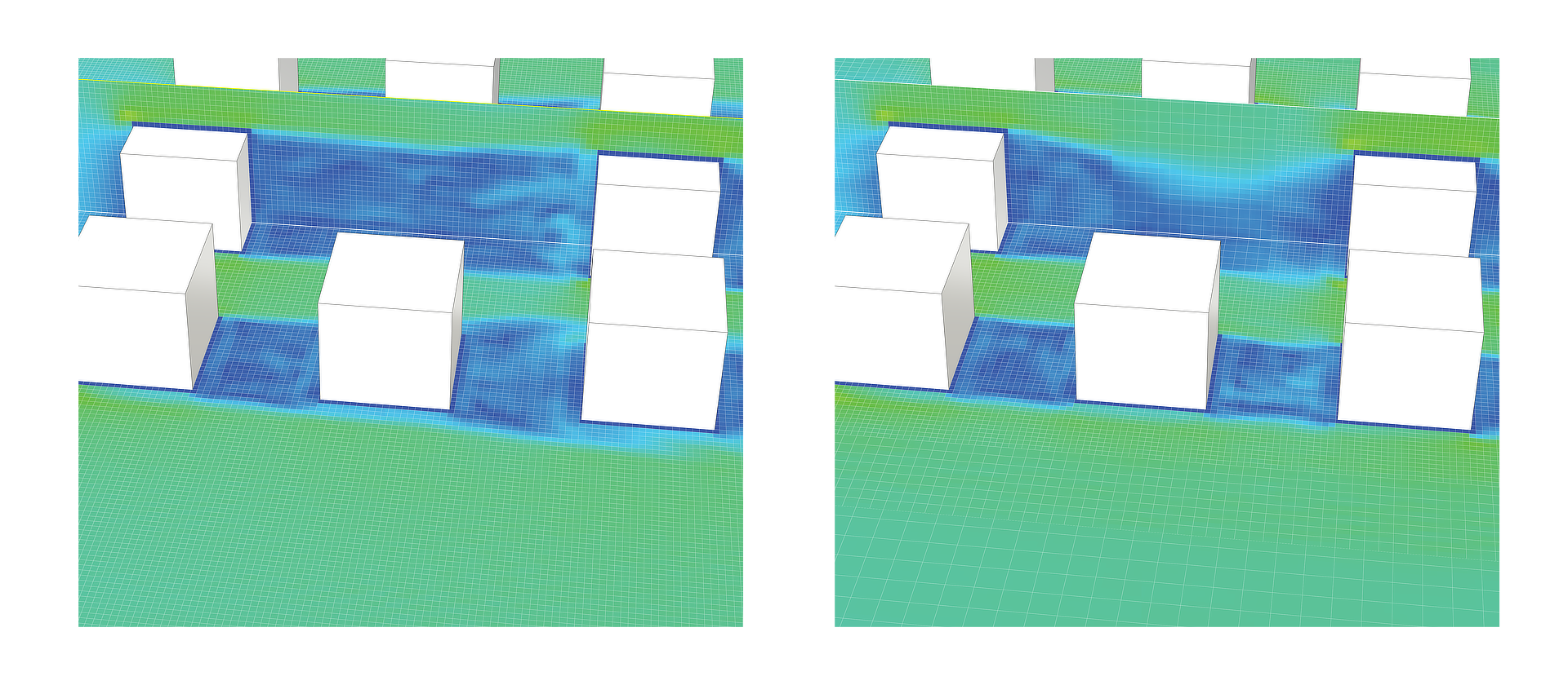 The same building array on both grids, coloured by wind speed: a uniform grid with equal cells everywhere, and an adaptive grid with the smallest cells at the buildings and larger cells over the open ground